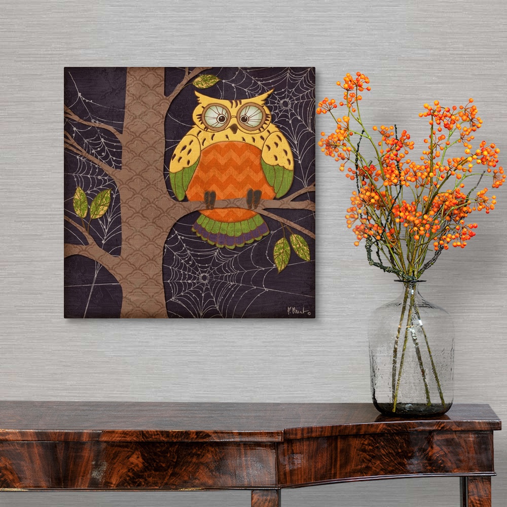 A traditional room featuring Halloween-themed illustration of a cute owl sitting in a tree, made of patterned shapes.