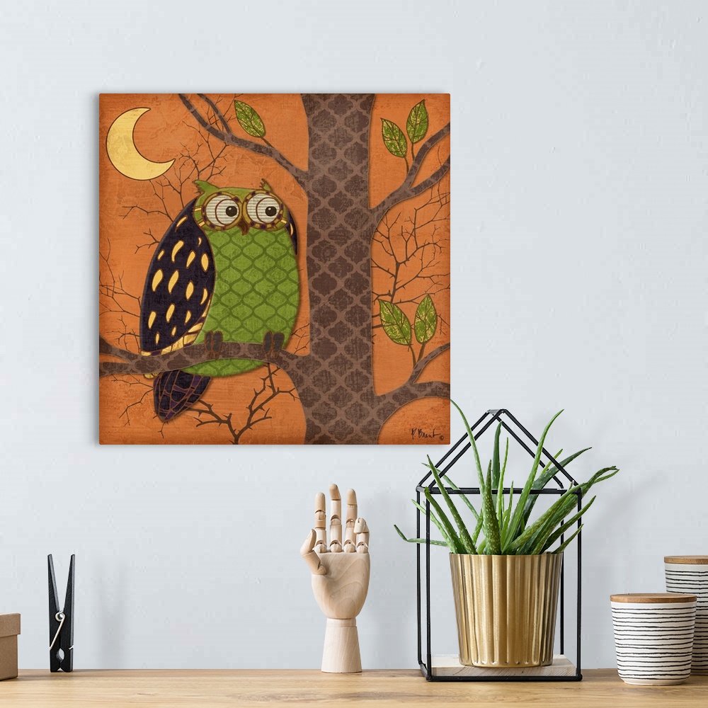 A bohemian room featuring Halloween-themed illustration of a cute owl sitting in a tree, made of patterned shapes.