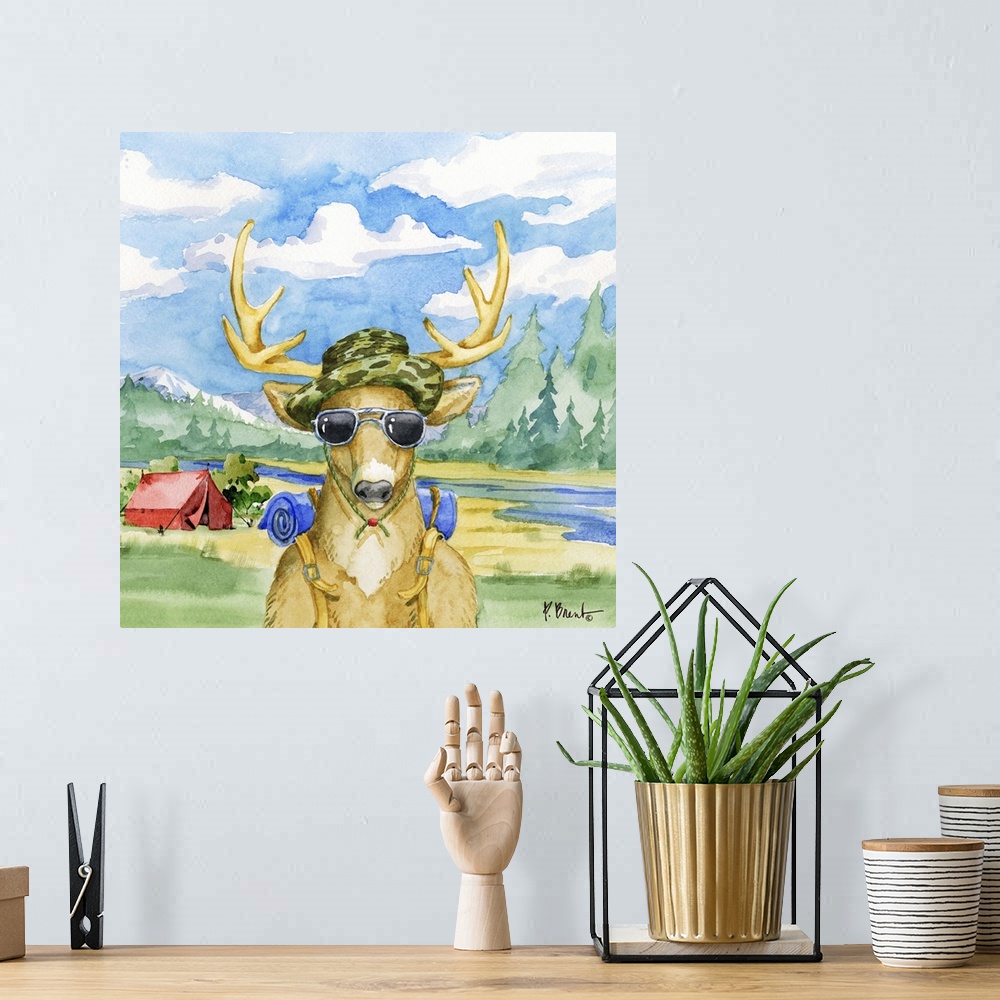 A bohemian room featuring Square watercolor painting of a deer with camping gear outside in the wilderness.