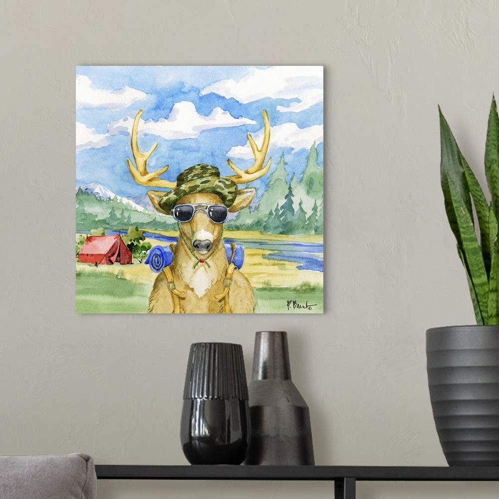 A modern room featuring Square watercolor painting of a deer with camping gear outside in the wilderness.