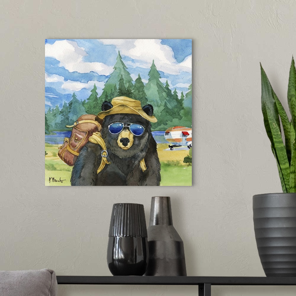 A modern room featuring Square watercolor painting of a black bear with camping gear outside in the wilderness.