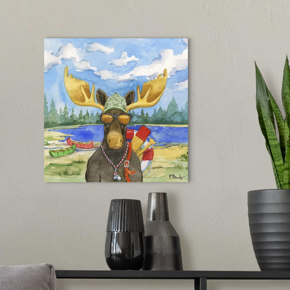 A modern room featuring Square watercolor painting of a moose with paddling gear outside in the wilderness.