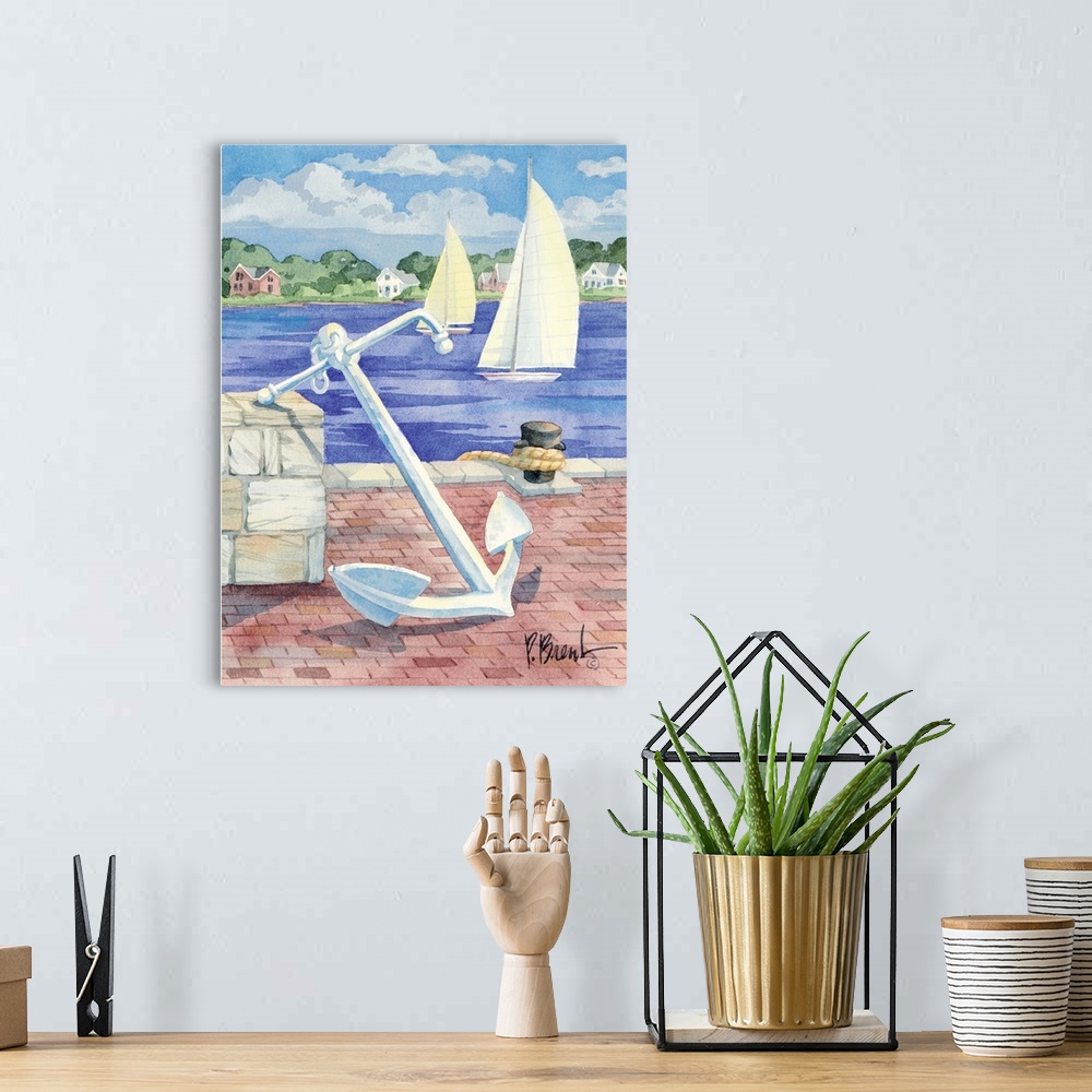 A bohemian room featuring Watercolor painting of a large white anchor on a brick-paved pier, with two sailboats in the dist...
