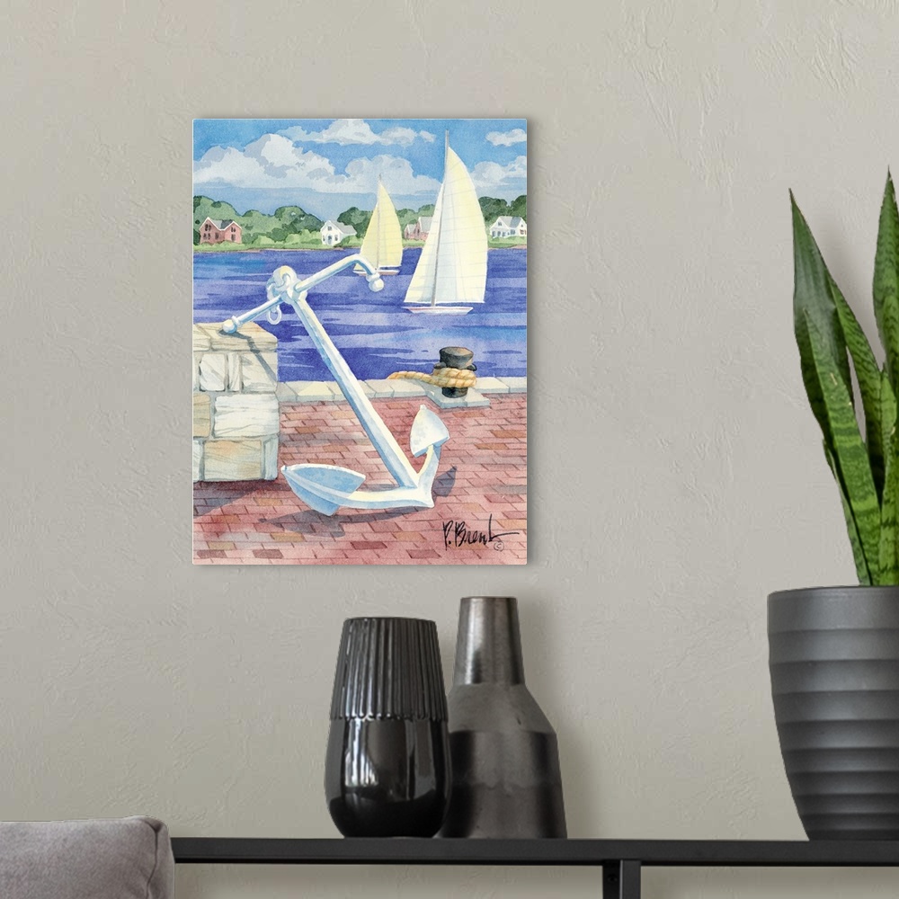 A modern room featuring Watercolor painting of a large white anchor on a brick-paved pier, with two sailboats in the dist...