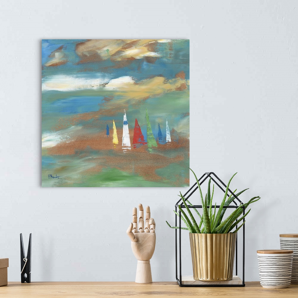 A bohemian room featuring Semi-abstract painting of sailboats on the sea, done with broad brushstrokes and pastel colors.