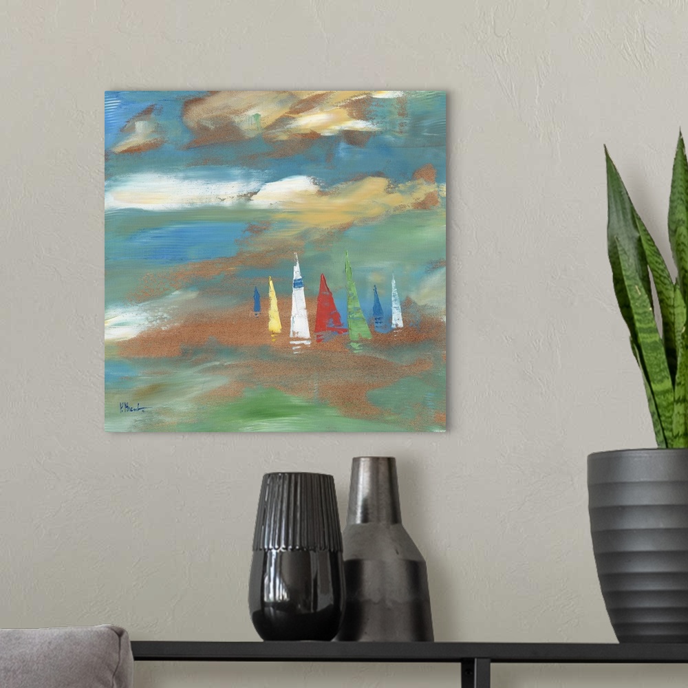 A modern room featuring Semi-abstract painting of sailboats on the sea, done with broad brushstrokes and pastel colors.