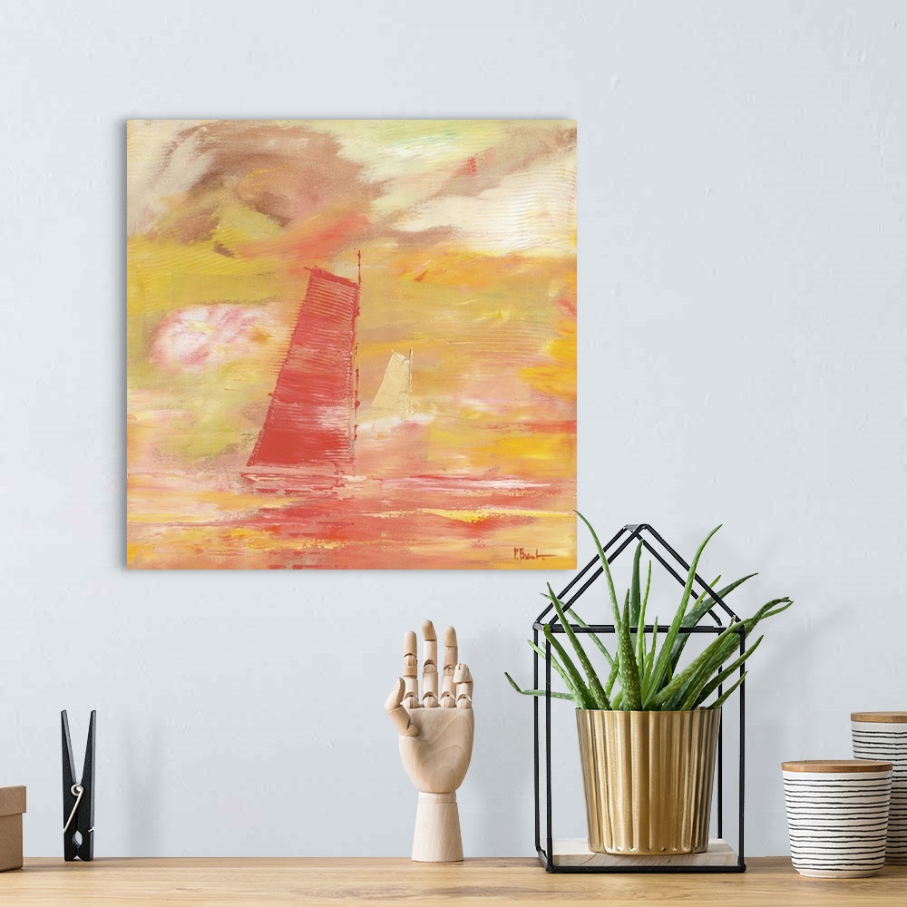 A bohemian room featuring Semi-abstract painting of a sailboat on the sea, done with broad brushstrokes and pastel colors.