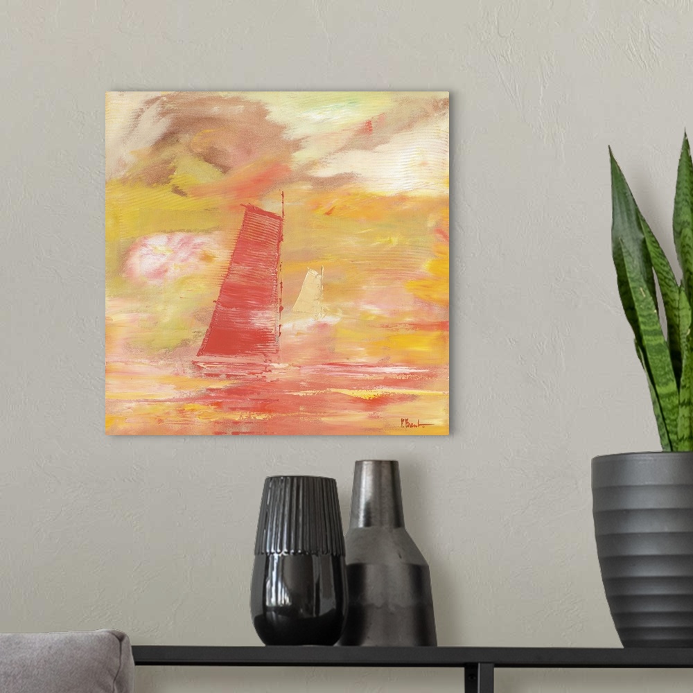 A modern room featuring Semi-abstract painting of a sailboat on the sea, done with broad brushstrokes and pastel colors.