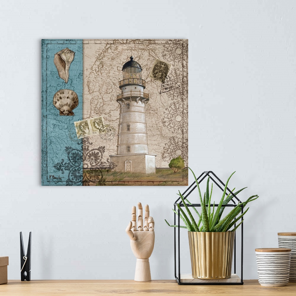 A bohemian room featuring Decorative collage of a lighthouse with pattern elements, postage stamps, and seashells.