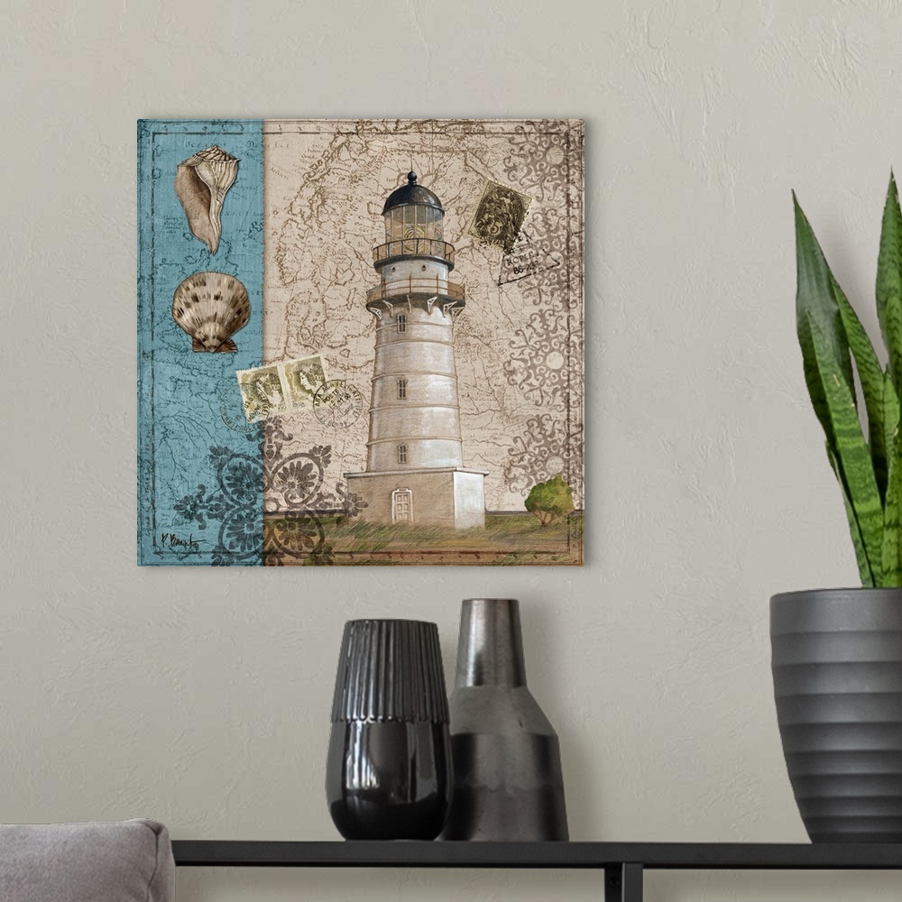 A modern room featuring Decorative collage of a lighthouse with pattern elements, postage stamps, and seashells.