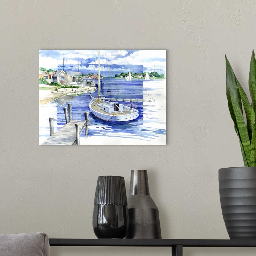 A modern room featuring Watercolor painting of a harbor with boats, a wooden pier, and coastal homes.