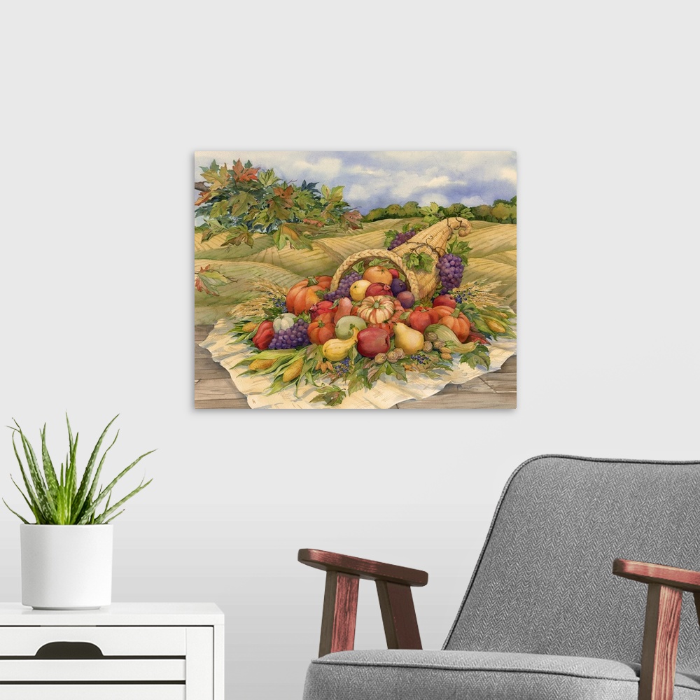 A modern room featuring Painting of a cornucopia filled with harvest vegetables in an autumn field.