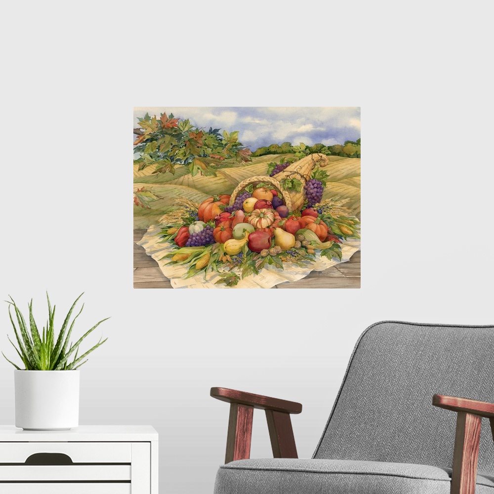 A modern room featuring Painting of a cornucopia filled with harvest vegetables in an autumn field.