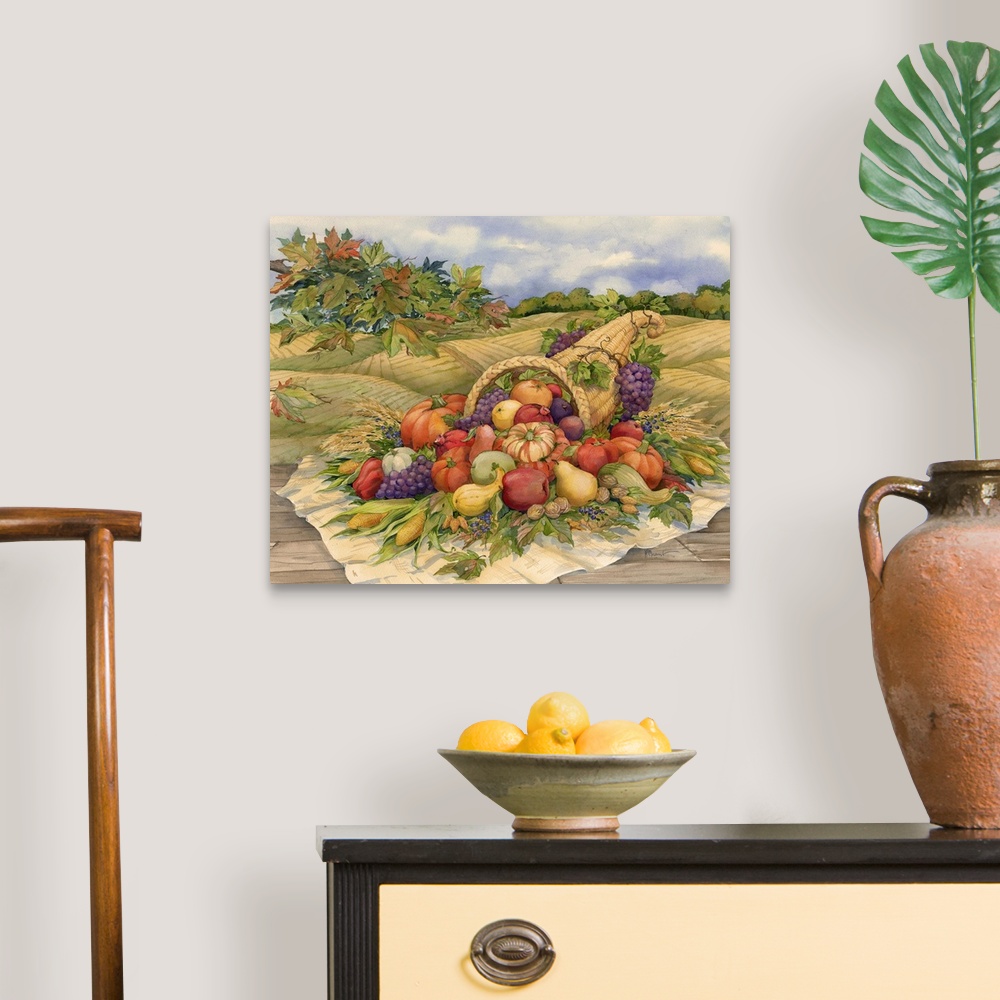 A traditional room featuring Painting of a cornucopia filled with harvest vegetables in an autumn field.