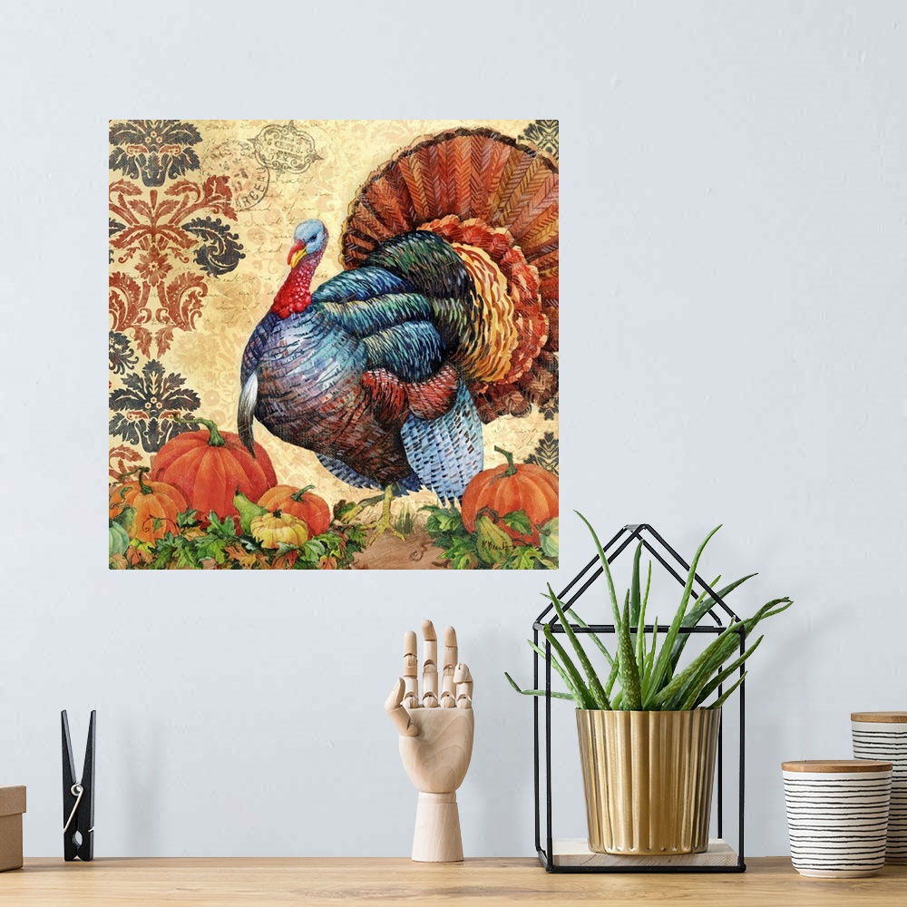 A bohemian room featuring Illustration of a large turkey and pumpkins, celebrating the harvest season.