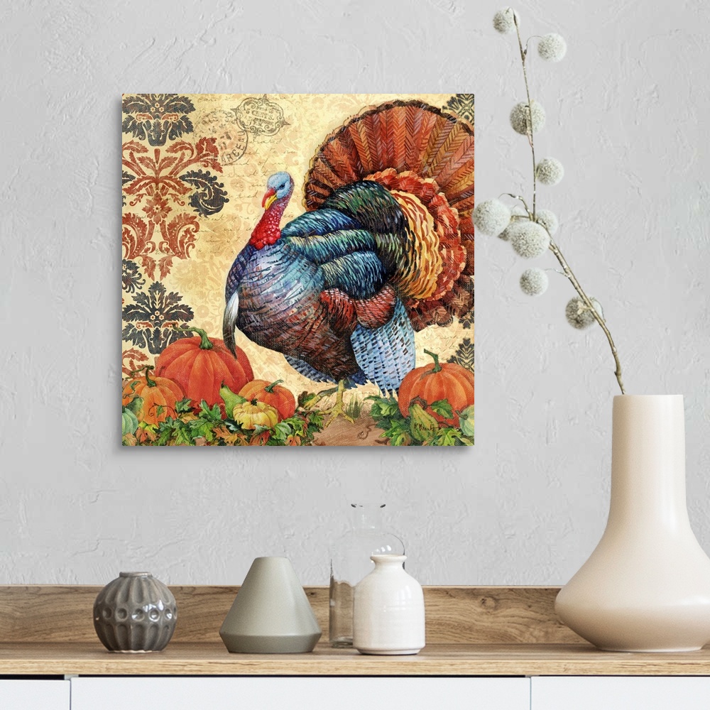 A farmhouse room featuring Illustration of a large turkey and pumpkins, celebrating the harvest season.