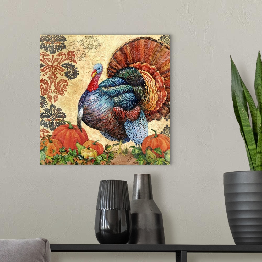 A modern room featuring Illustration of a large turkey and pumpkins, celebrating the harvest season.
