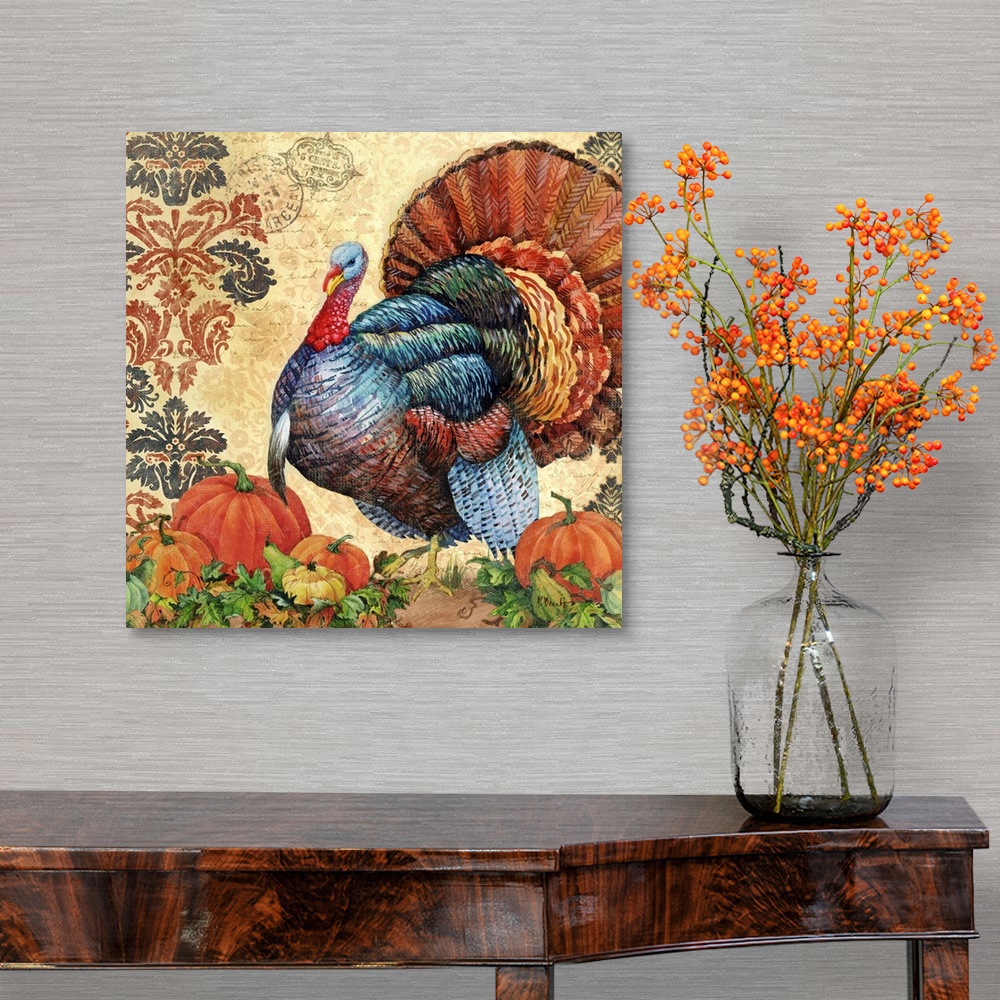A traditional room featuring Illustration of a large turkey and pumpkins, celebrating the harvest season.