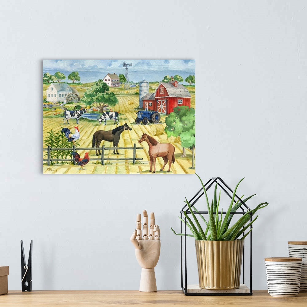 A bohemian room featuring Large watercolor painting of a farm filled with animals and a red barn.