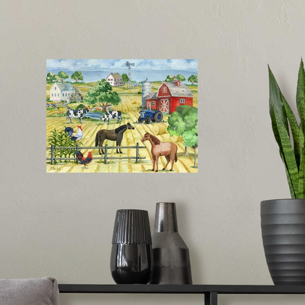 A modern room featuring Large watercolor painting of a farm filled with animals and a red barn.