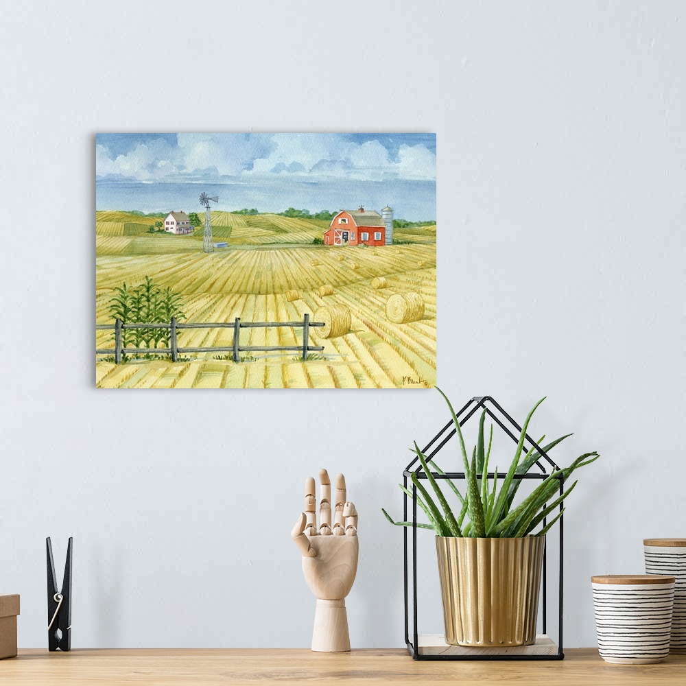 A bohemian room featuring Watercolor landscape of a barn in a field with hay bales in the countryside.