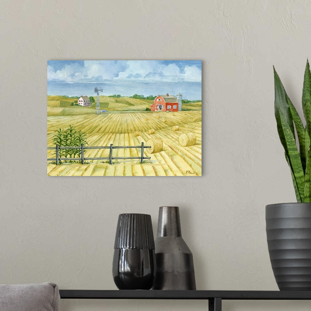 A modern room featuring Watercolor landscape of a barn in a field with hay bales in the countryside.