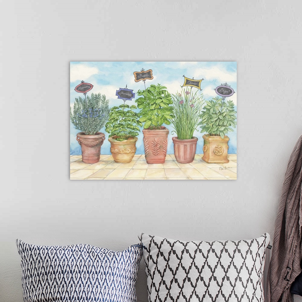 A bohemian room featuring Five potted herbs in a row on a brick path near the ocean.