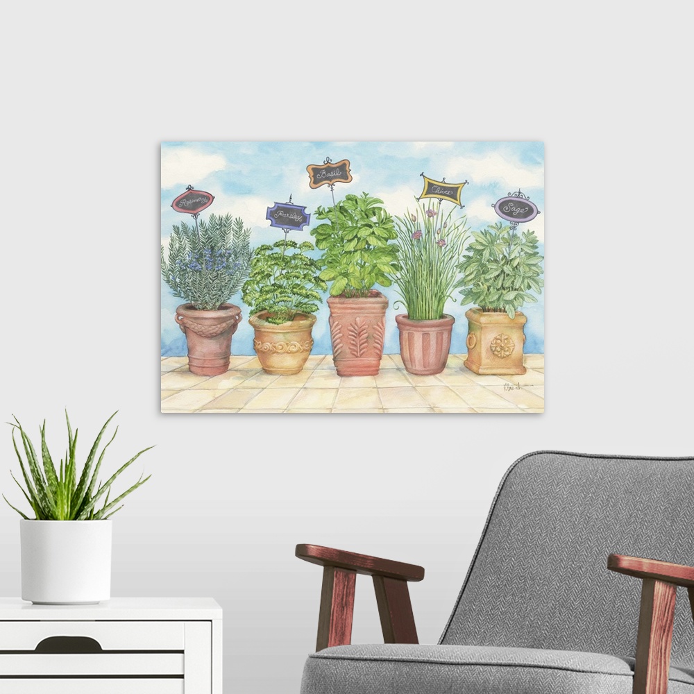 A modern room featuring Five potted herbs in a row on a brick path near the ocean.