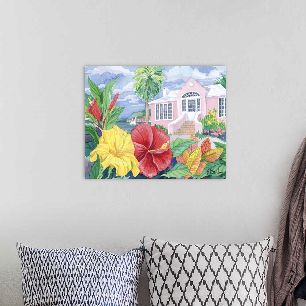 A bohemian room featuring Watercolor painting of a small beach house on the coast with tropical flowers in the foreground.