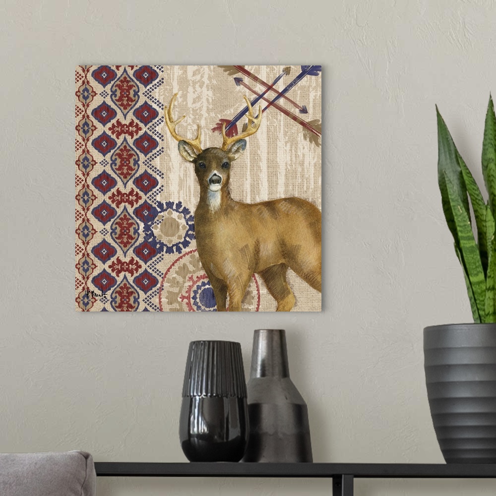 A modern room featuring Decorative artwork of a deer with folk patterns and arrows on a wood texture.