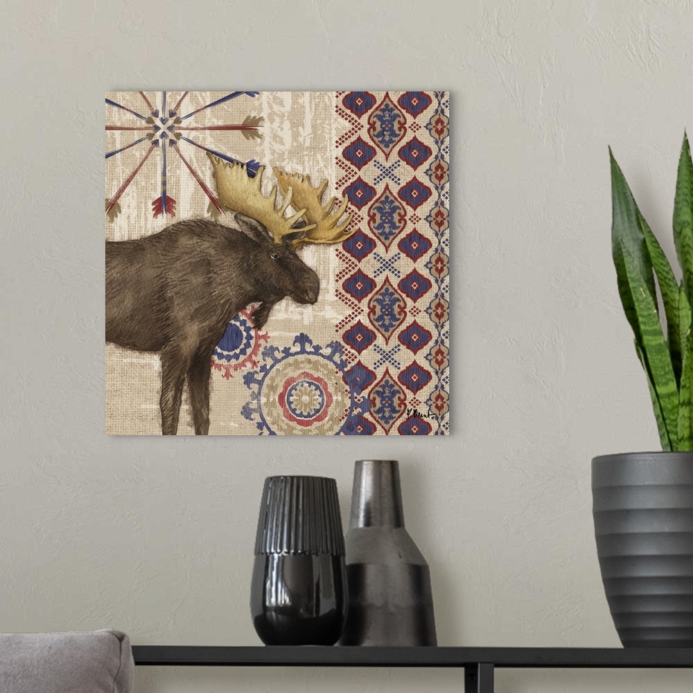 A modern room featuring Decorative artwork of a moose with folk patterns and arrows on a wood texture.