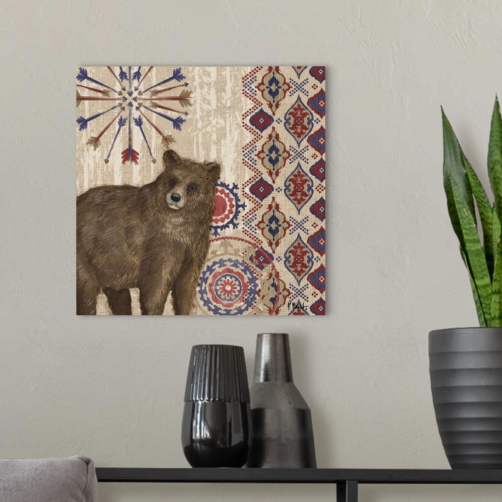 A modern room featuring Decorative artwork of a bear with folk patterns and arrows on a wood texture.