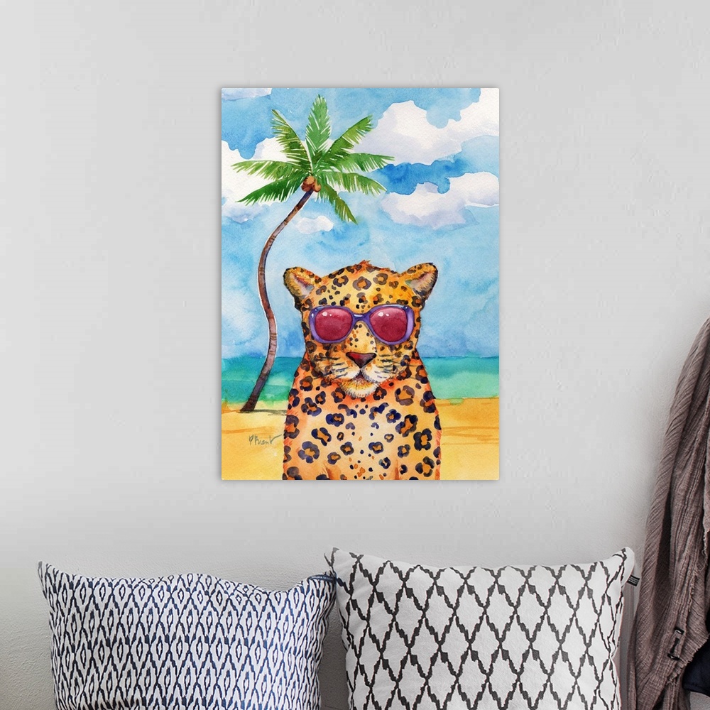 A bohemian room featuring Watercolor painting of a cheetah wearing pink and purple sunglasses on a beach with a single palm...