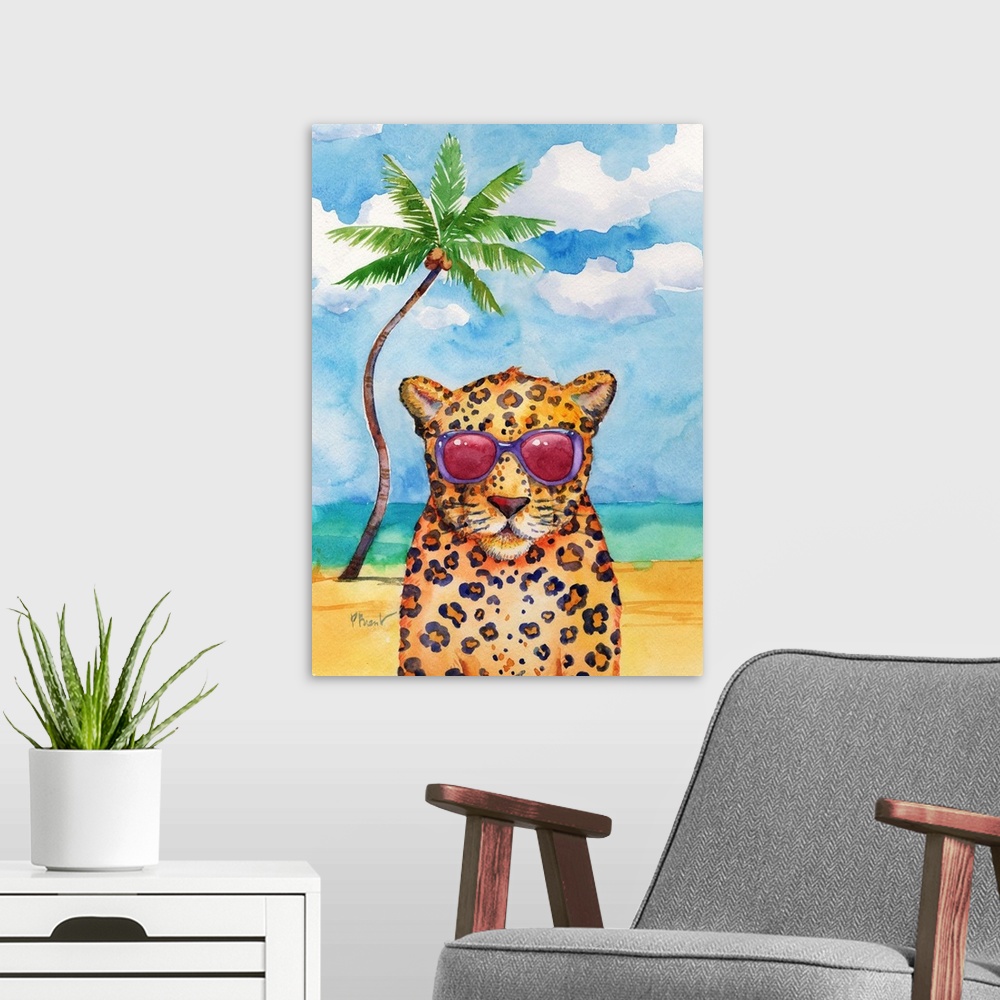 A modern room featuring Watercolor painting of a cheetah wearing pink and purple sunglasses on a beach with a single palm...