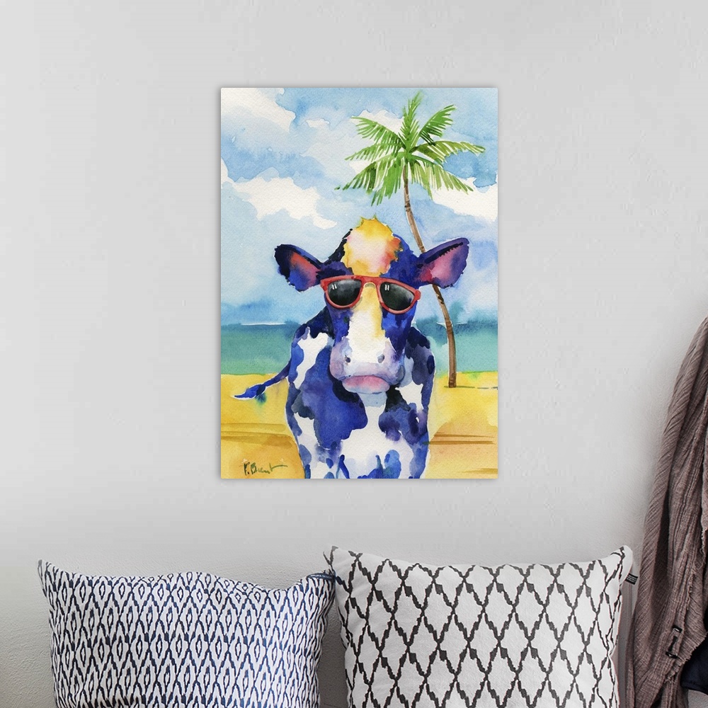 A bohemian room featuring Watercolor painting of a cow wearing red sunglasses on a beach with a palm tree in the background.