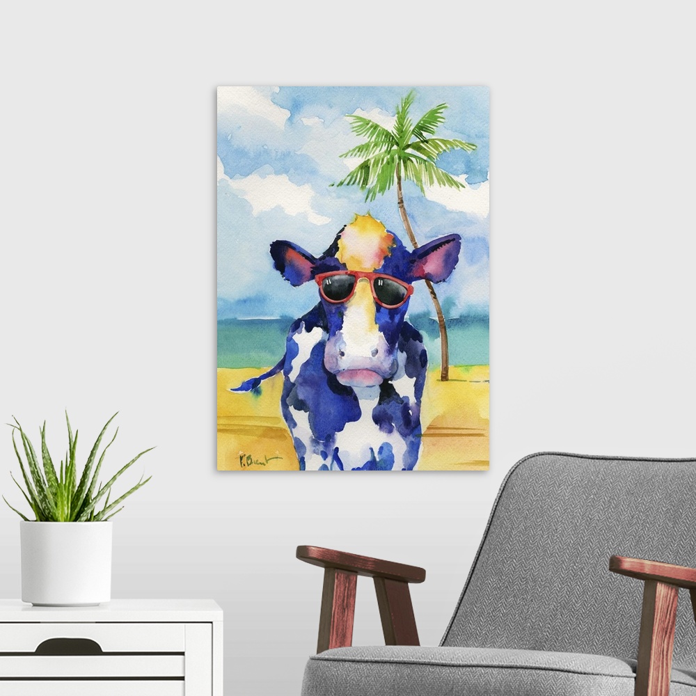 A modern room featuring Watercolor painting of a cow wearing red sunglasses on a beach with a palm tree in the background.