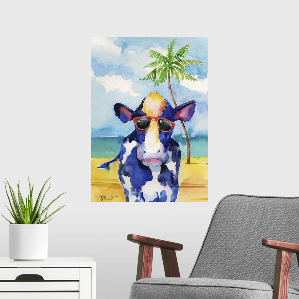 A modern room featuring Watercolor painting of a cow wearing red sunglasses on a beach with a palm tree in the background.