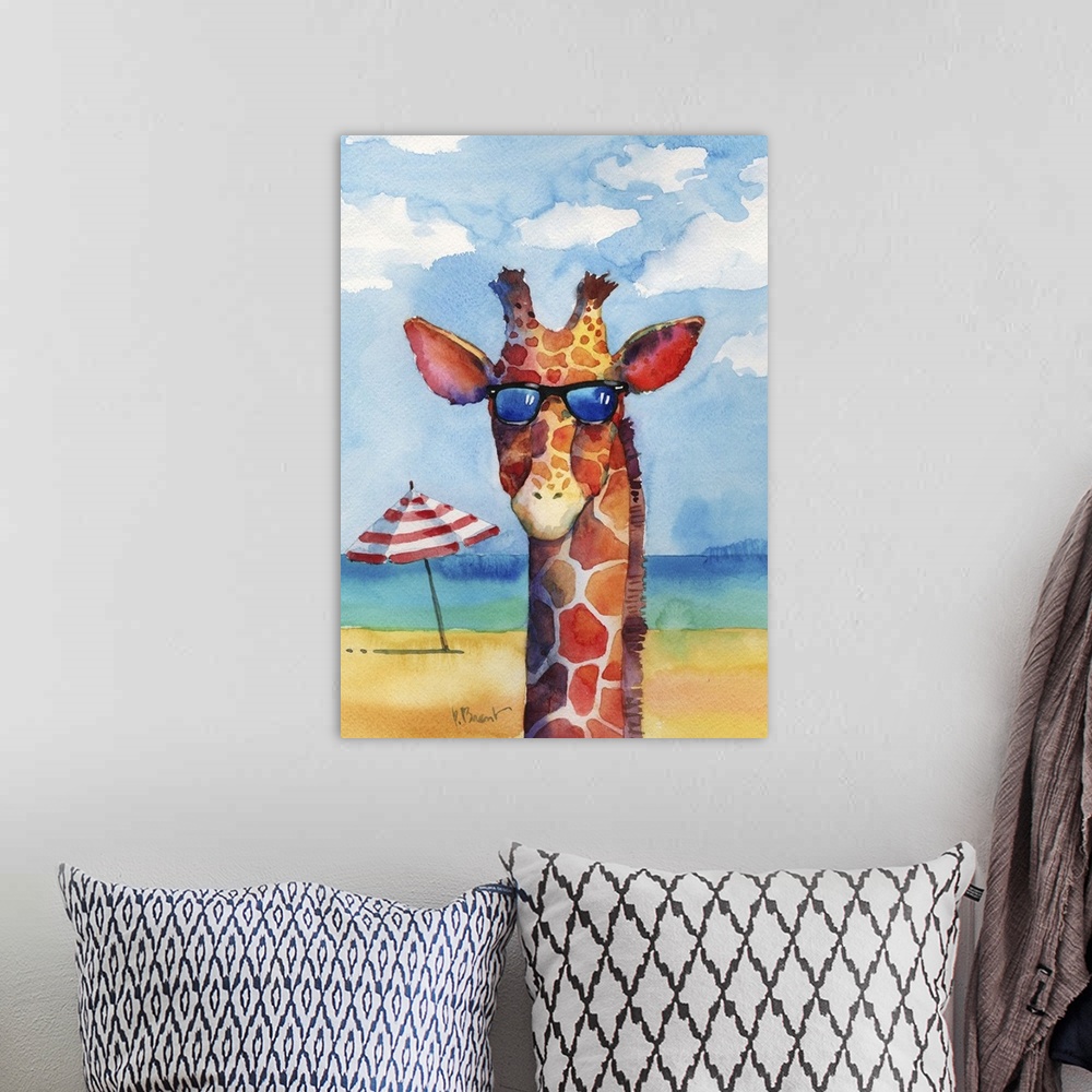 A bohemian room featuring Watercolor painting of a giraffe wearing sunglasses on a beach with the ocean in the background.