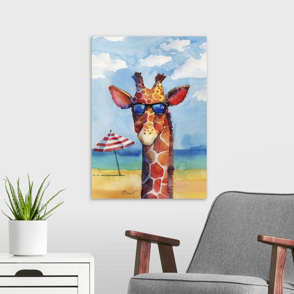 A modern room featuring Watercolor painting of a giraffe wearing sunglasses on a beach with the ocean in the background.