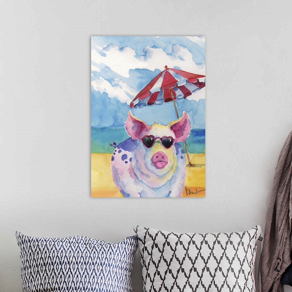A bohemian room featuring Watercolor painting of a pig on the beach wearing pink heart shaped sunglasses.