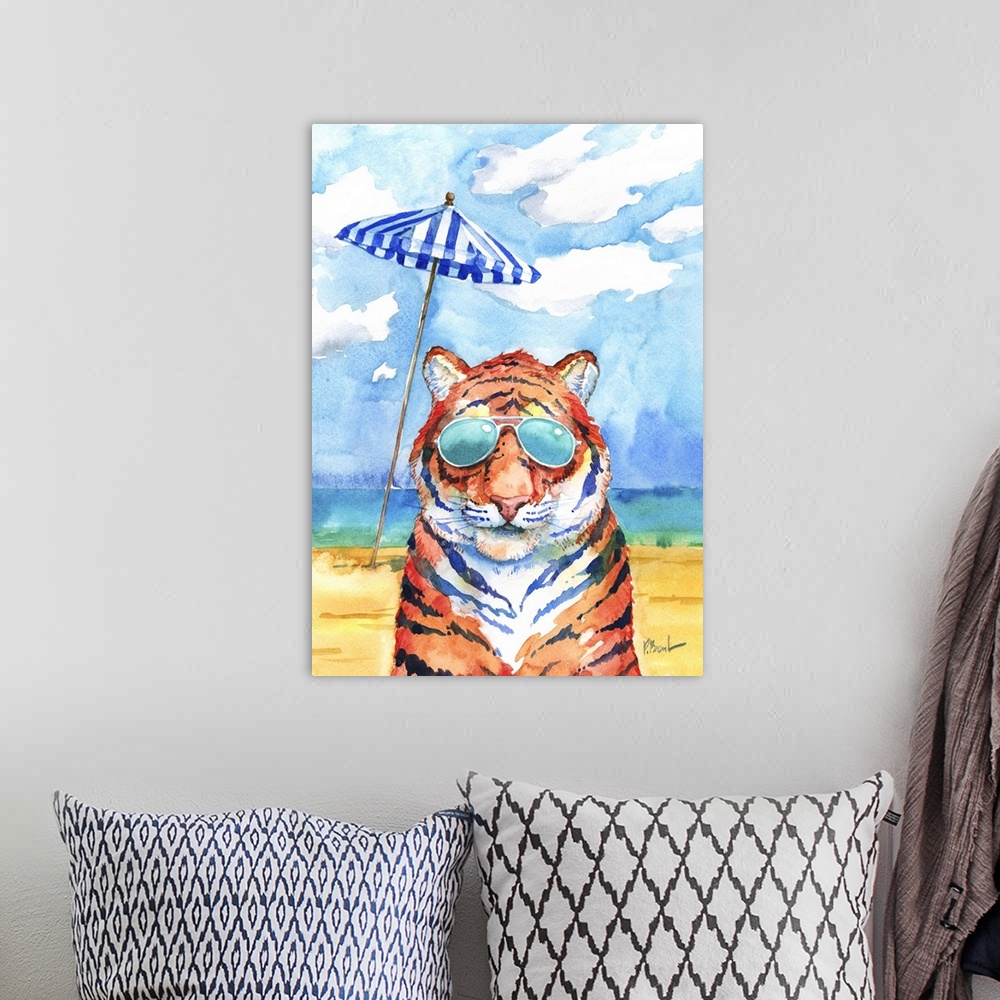 A bohemian room featuring Watercolor painting of a tiger on a beach wearing aviator sunglasses with a striped beach umbrell...