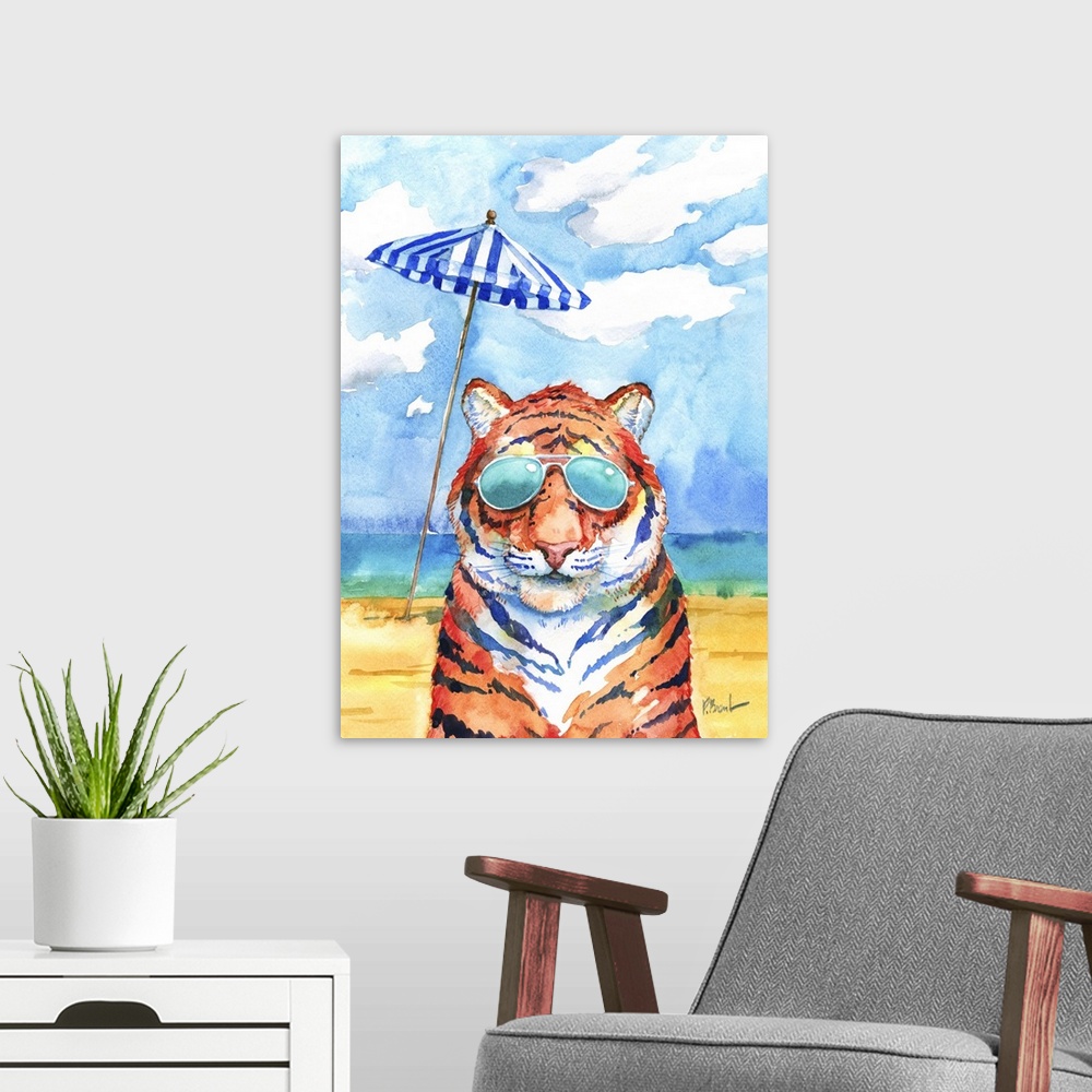 A modern room featuring Watercolor painting of a tiger on a beach wearing aviator sunglasses with a striped beach umbrell...