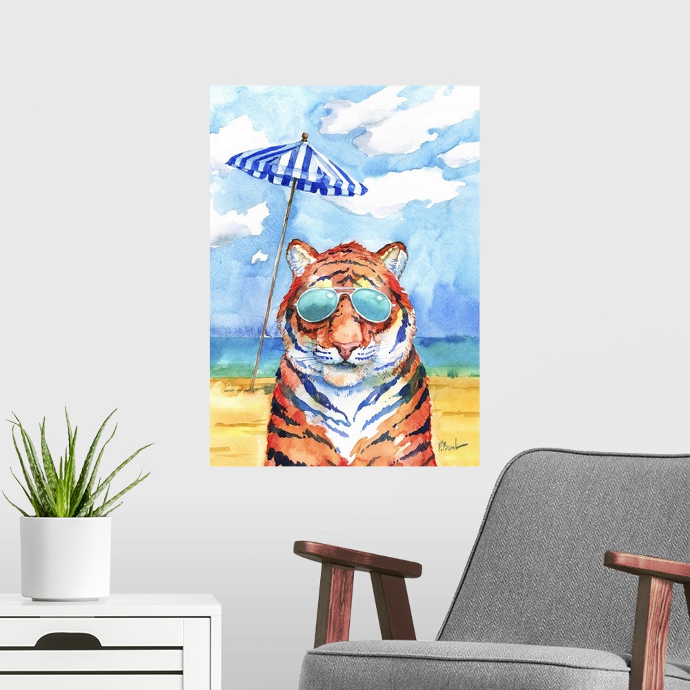 A modern room featuring Watercolor painting of a tiger on a beach wearing aviator sunglasses with a striped beach umbrell...