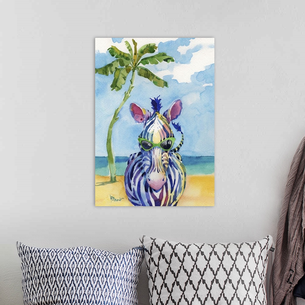 A bohemian room featuring Watercolor painting of a zebra wearing green sunglasses standing on the beach with a palm tree in...