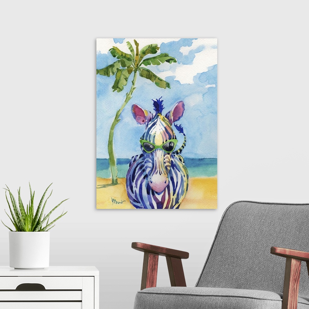 A modern room featuring Watercolor painting of a zebra wearing green sunglasses standing on the beach with a palm tree in...