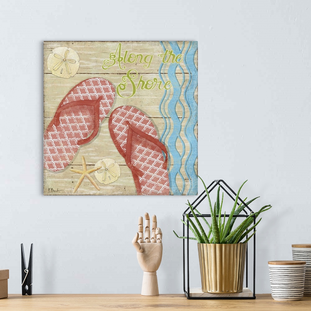 A bohemian room featuring A pair of colorful flip-flops with shells and a wavy pattern on a faux wooden background.