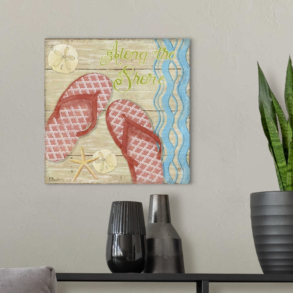 A modern room featuring A pair of colorful flip-flops with shells and a wavy pattern on a faux wooden background.