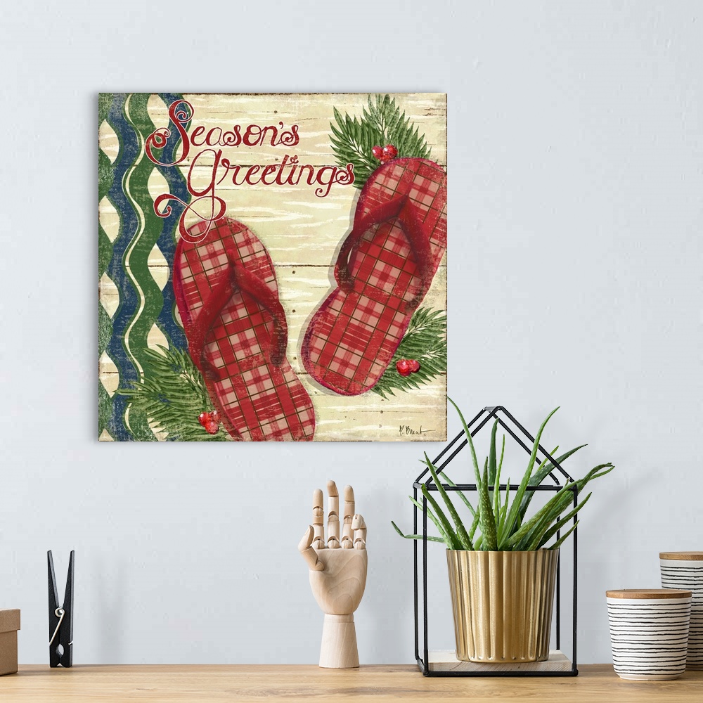 A bohemian room featuring A pair of plaid-patterned holiday flip-flops decorated with holly and the words "Season's Greetin...