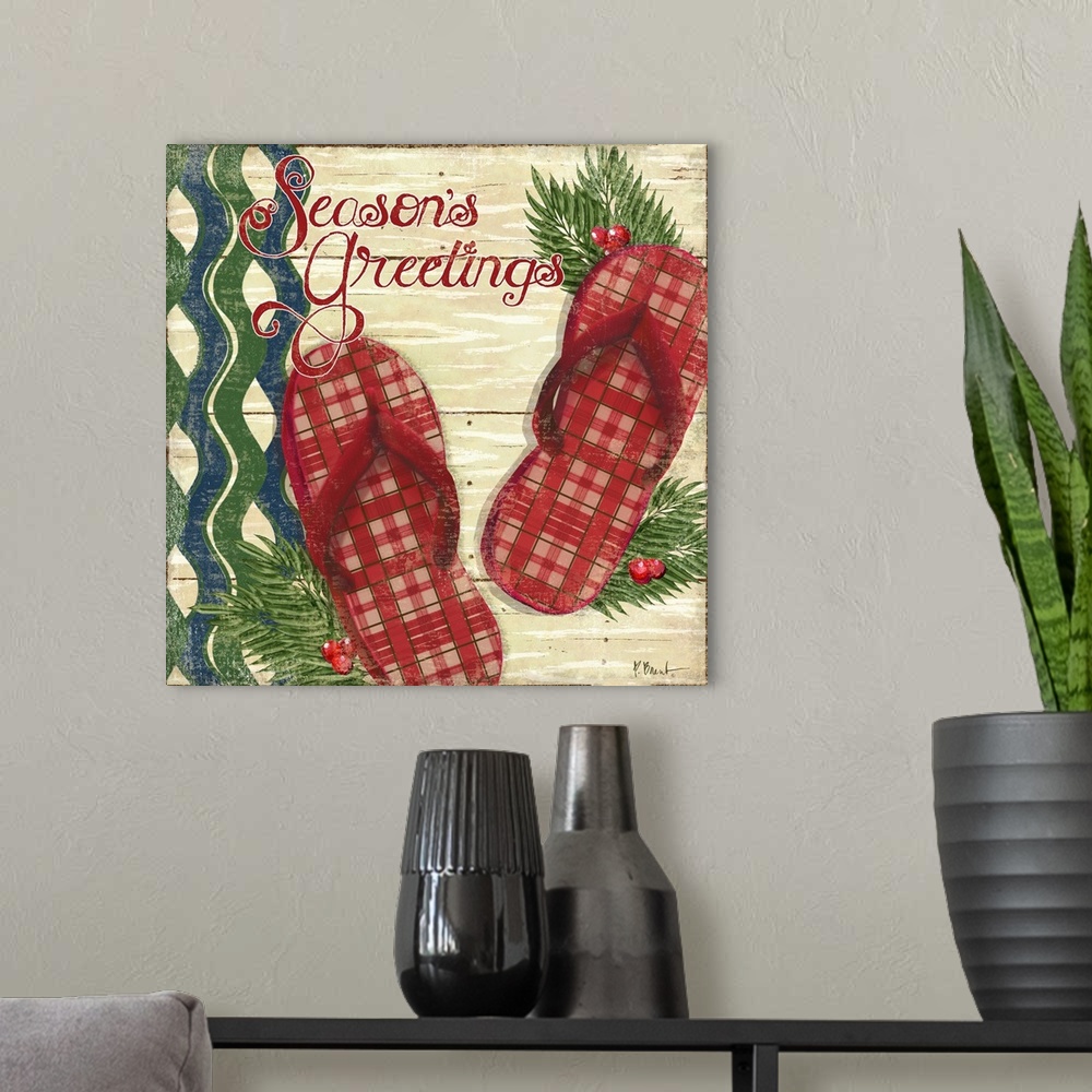 A modern room featuring A pair of plaid-patterned holiday flip-flops decorated with holly and the words "Season's Greetin...