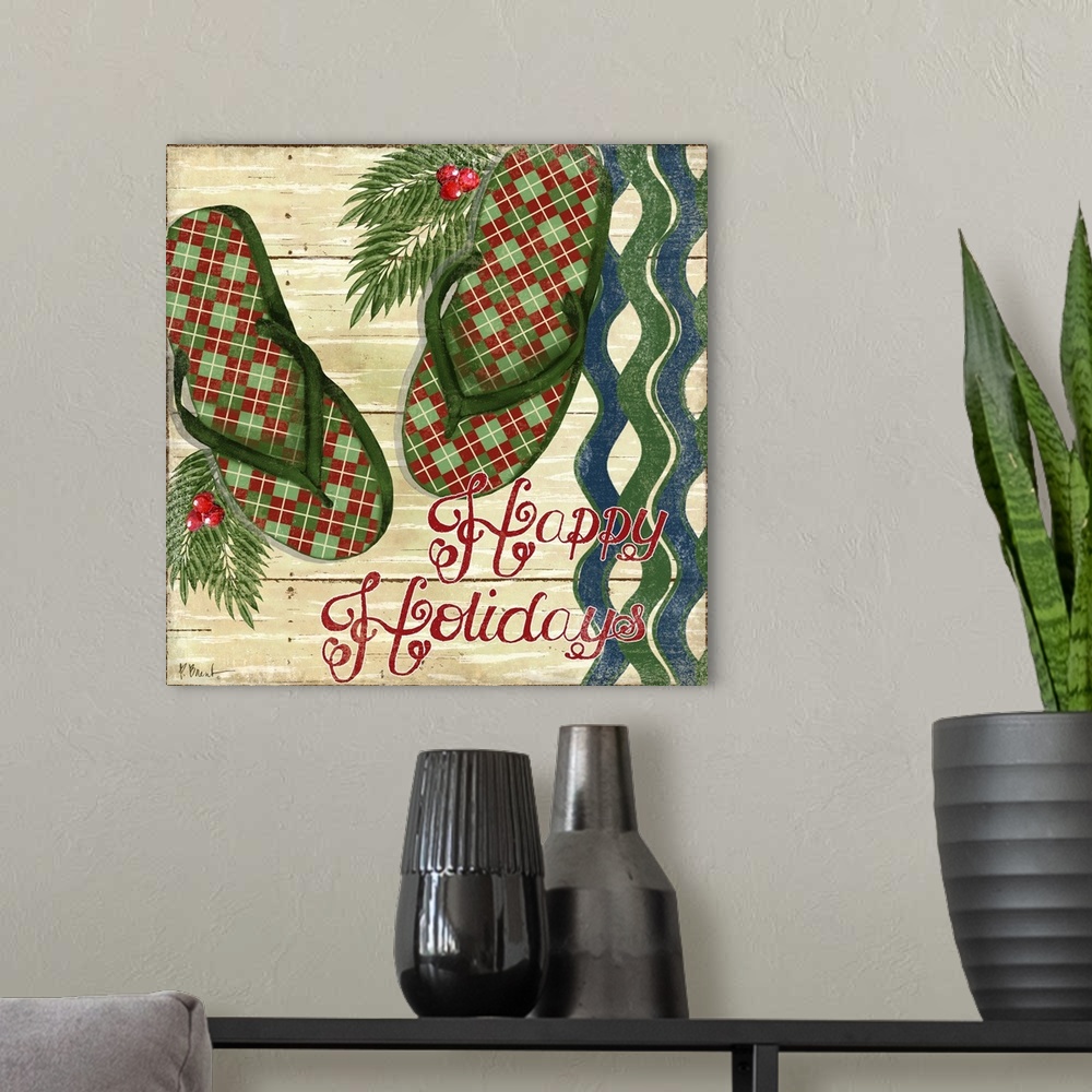A modern room featuring A pair of plaid-patterned holiday flip-flops decorated with holly and the words "Happy Holidays."